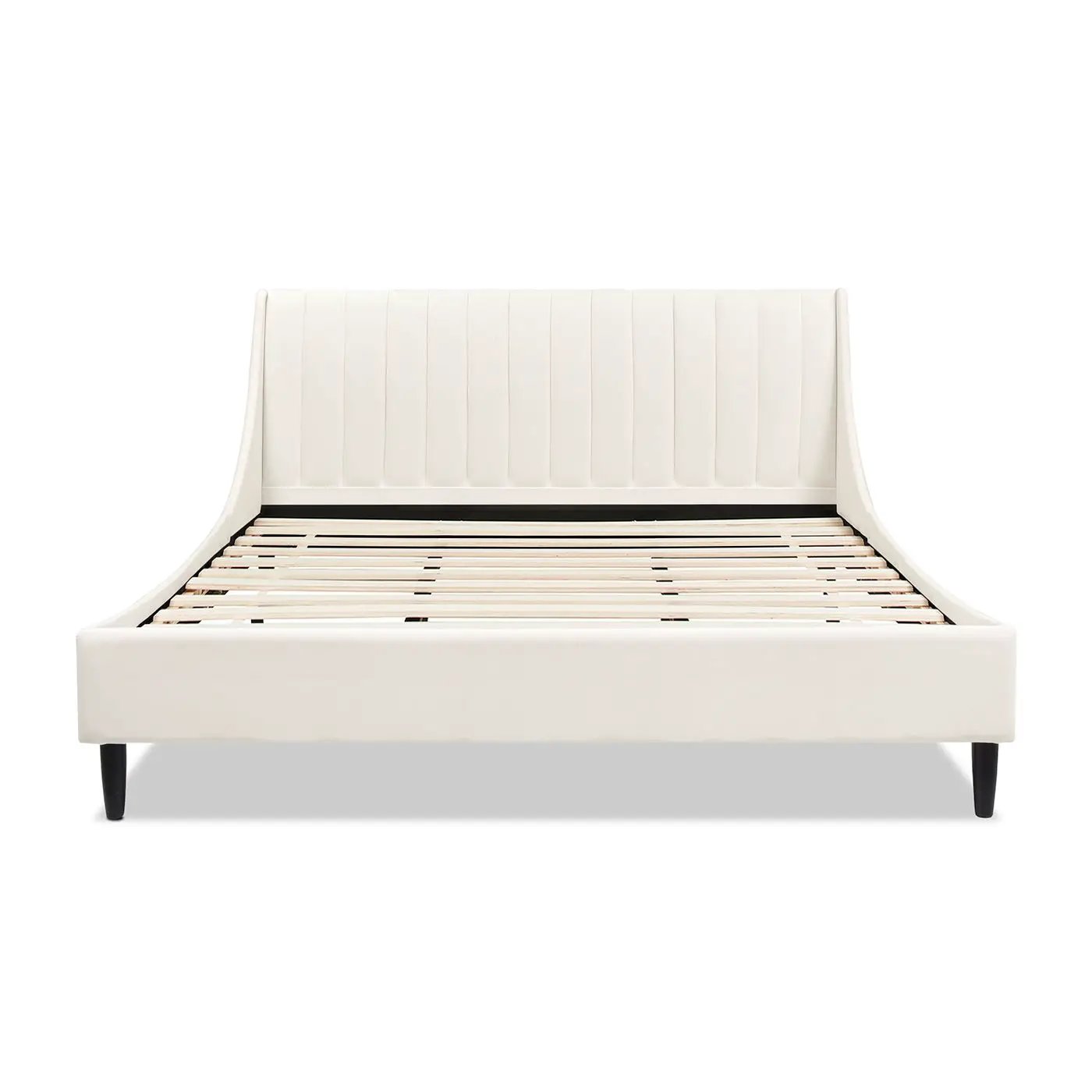 Aspen vertical tufted modern upholstered headboard platform bed in white fabric; black legs on Tampa Home & Garden Store