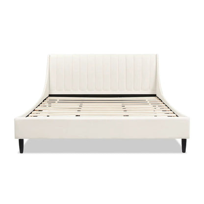 Aspen vertical tufted modern upholstered headboard platform bed in white fabric; black legs on Tampa Home & Garden Store