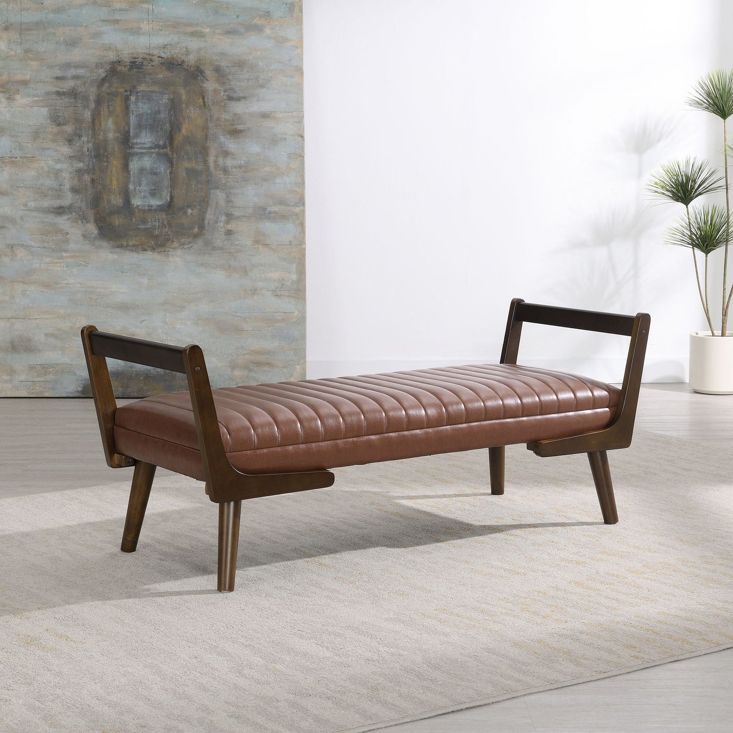 Mid-Century bench with wood legs, brown tufted leather, HouseOfZazla upholstered bench, 2 shown on Tampa Home & Garden Store
