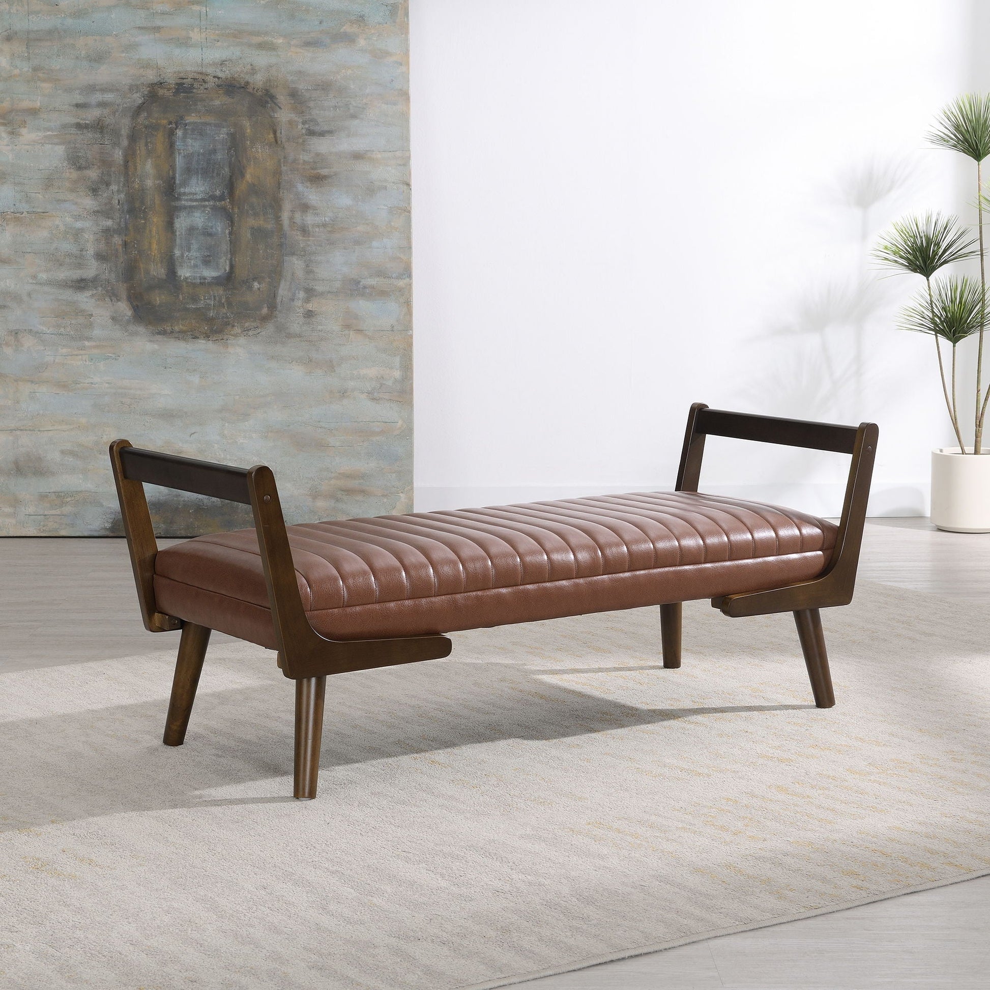 Mid-Century bench with wood legs, brown tufted leather, HouseOfZazla upholstered bench, 2 shown on Tampa Home & Garden Store