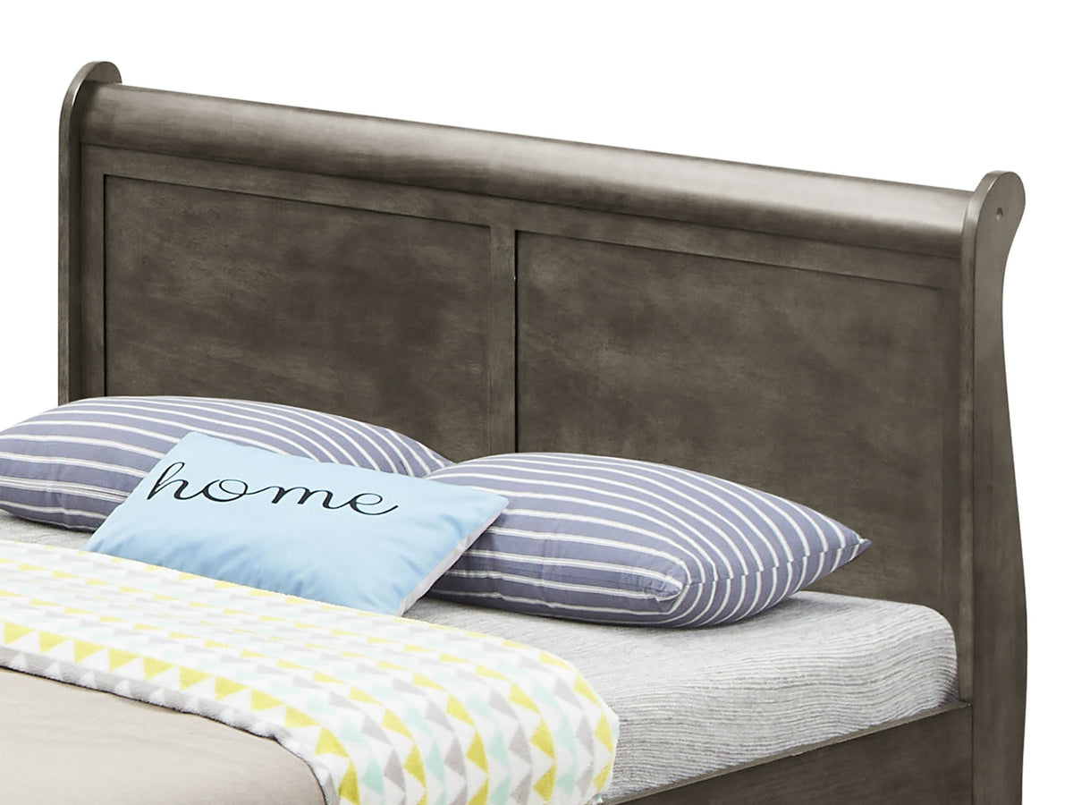 Elegant Trundle Bed gray wood finish headboard with panel details and blue striped bedding on Tampa Home & Garden Store