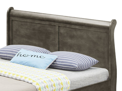 Elegant Trundle Bed gray wood finish headboard with panel details and blue striped bedding on Tampa Home & Garden Store