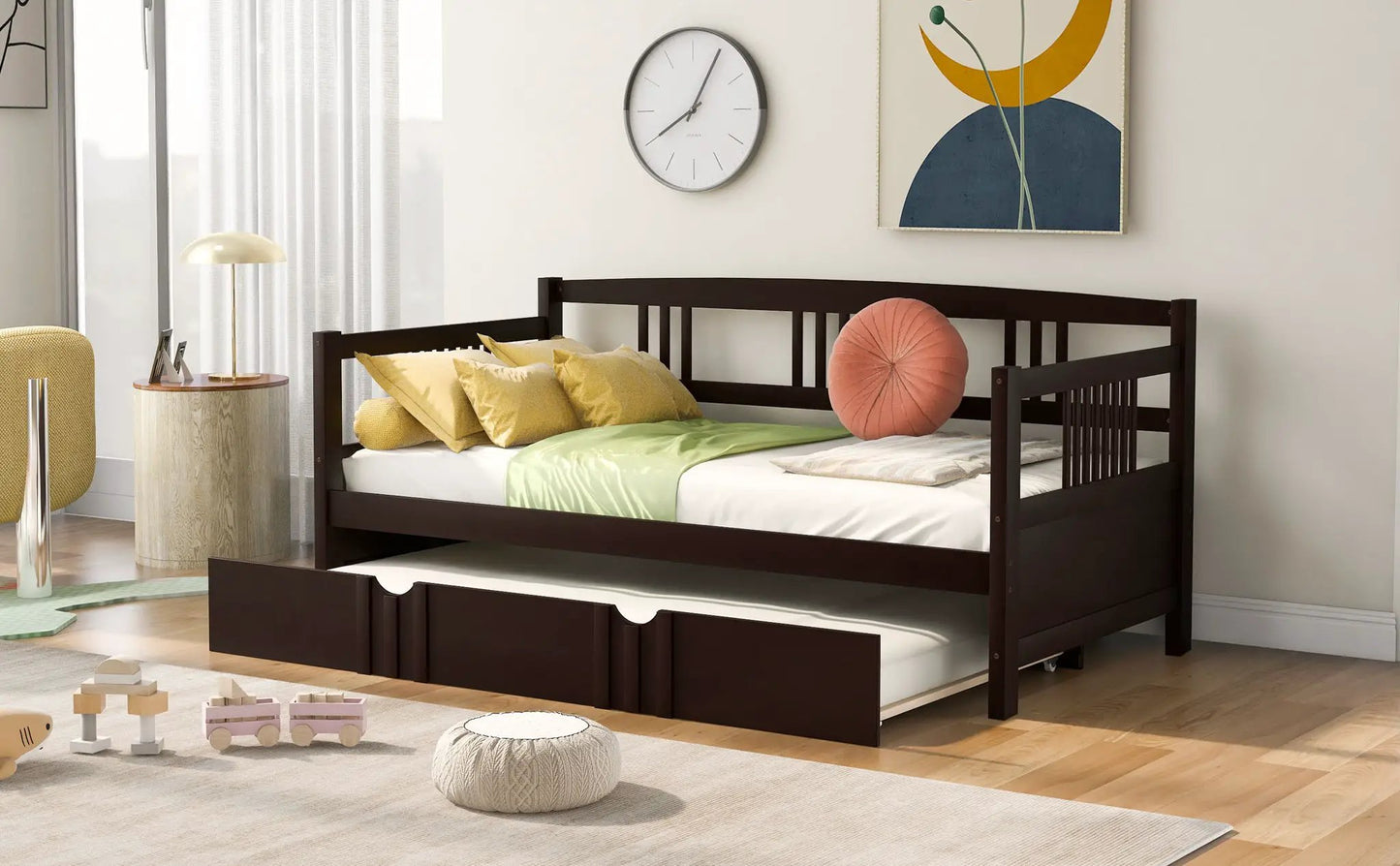 Multifunctional Modern Daybed in dark wood with under-bed storage drawers and yellow cushions on Tampa Home & Garden Store