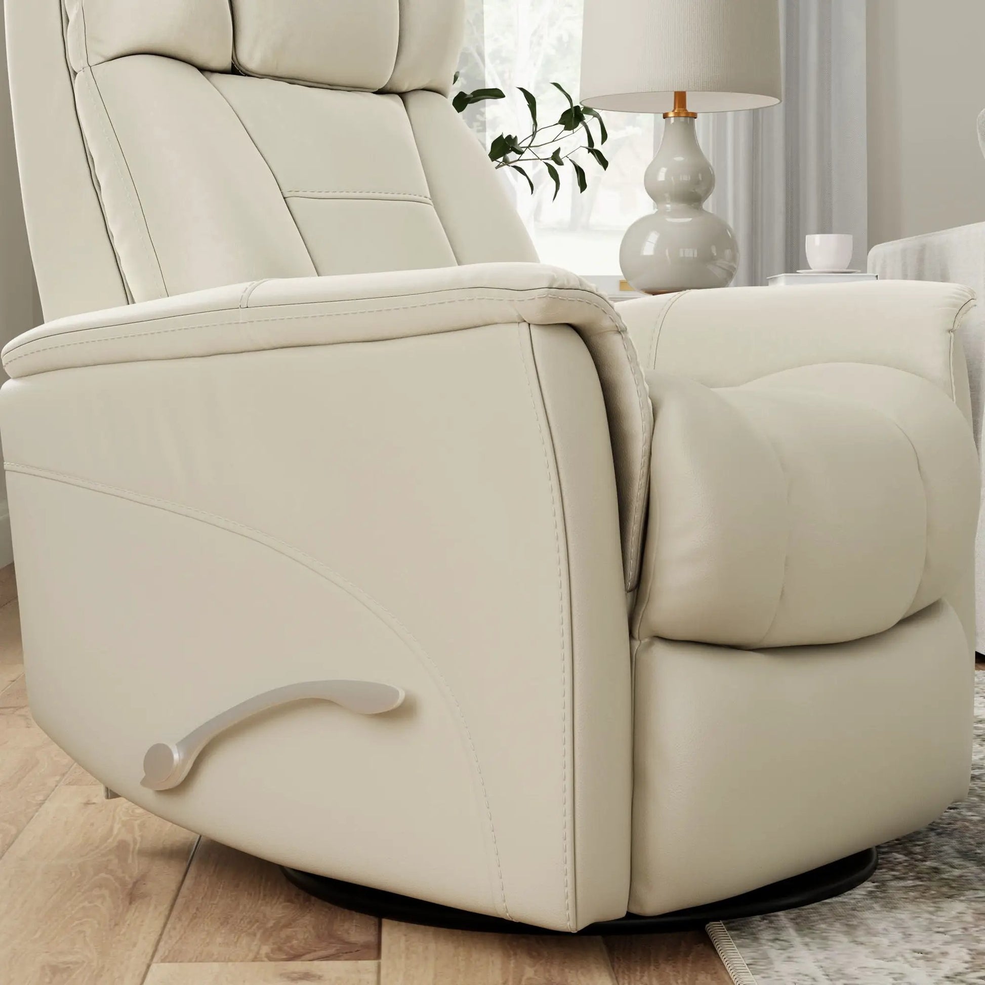 Bentley Swivel Glider Recliner cream leather with manual headrest & footrest lever on Tampa Home & Garden Store