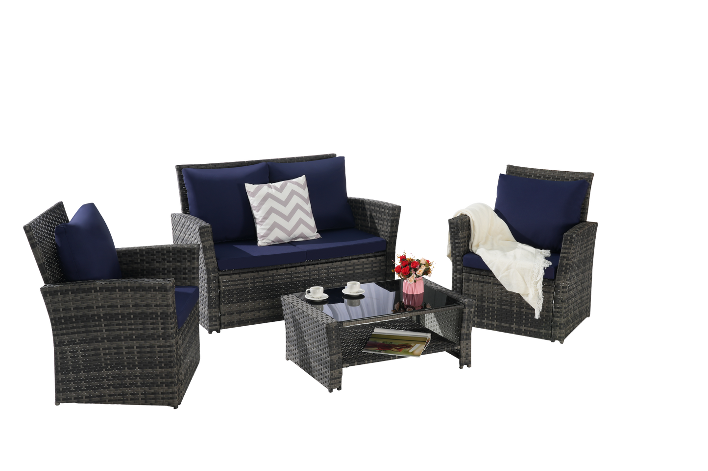 4-piece outdoor rattan furniture set by HouseOfZazla with navy cushions and tempered glass table on Tampa Home & Garden Store