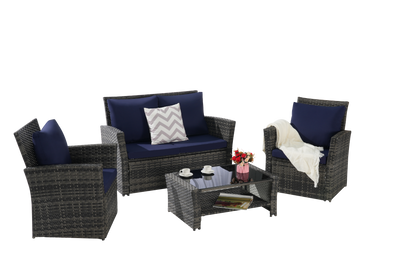 4-piece outdoor rattan furniture set by HouseOfZazla with navy cushions and tempered glass table on Tampa Home & Garden Store