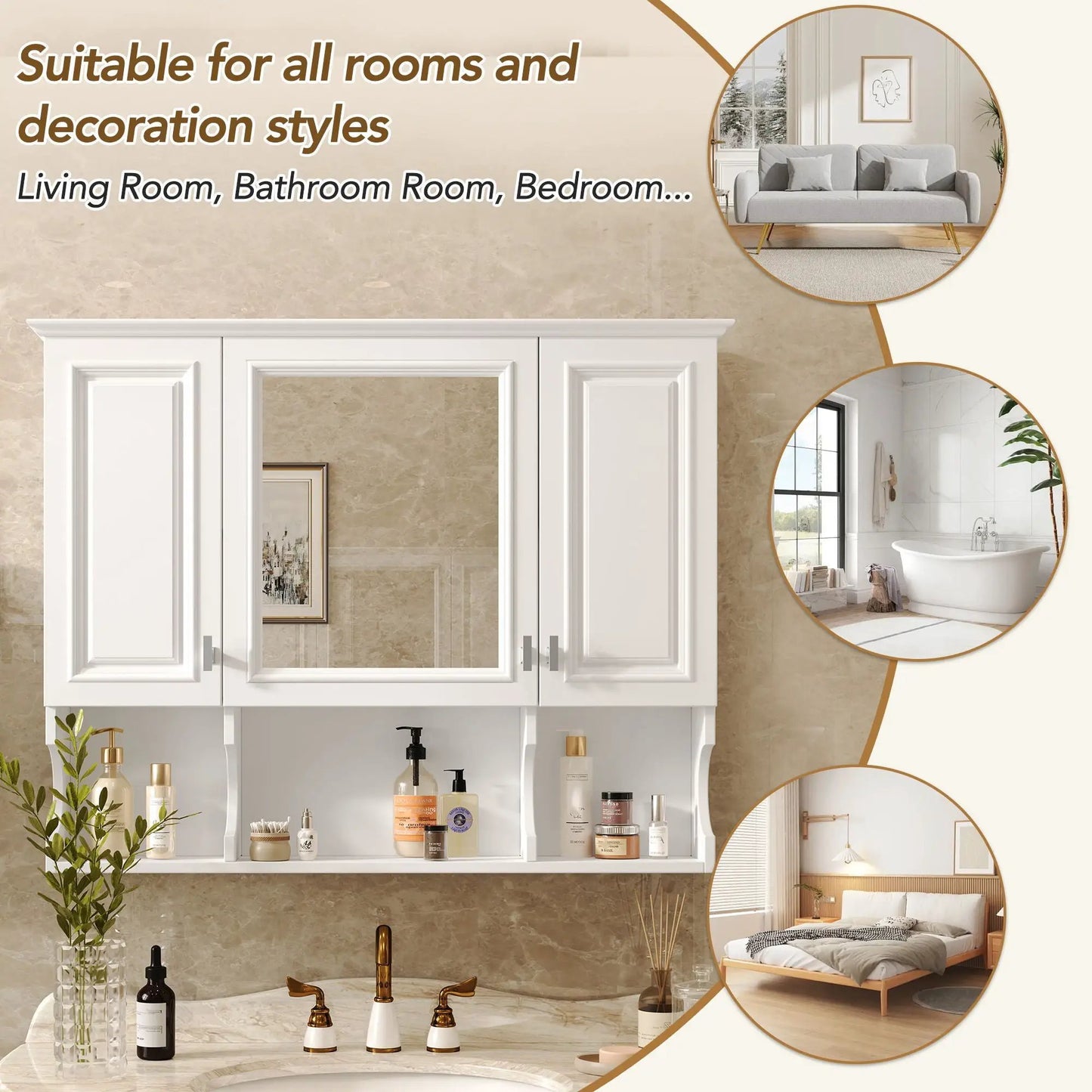 Wall mounted medicine cabinet with mirror and open shelves in white finish on Tampa Home & Garden Store