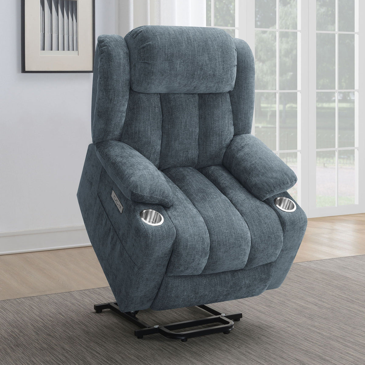 Beca Upholstered Power Lift Recliner in blue-gray fabric with cupholders on Tampa Home & Garden Store