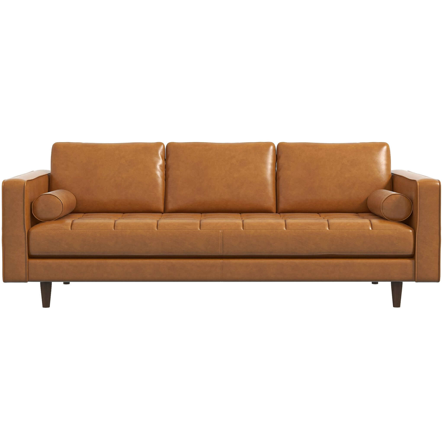 Catherine Sofa by HouseOfZazla, caramel leather 3-seat sofa with cylindrical bolster pillows on Tampa Home & Garden Store