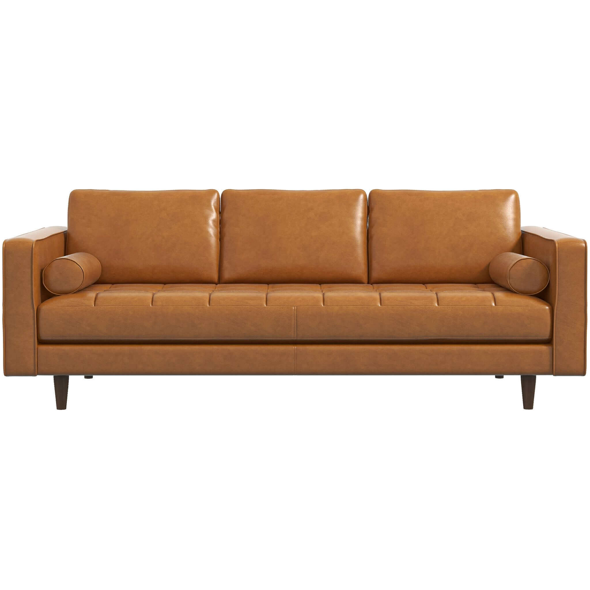 Catherine Sofa by HouseOfZazla, caramel leather 3-seat sofa with cylindrical bolster pillows on Tampa Home & Garden Store