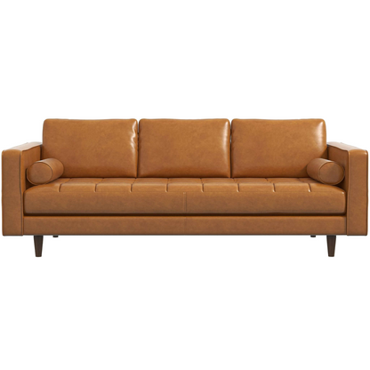 Catherine Sofa by HouseOfZazla, caramel leather 3-seat sofa with cylindrical bolster pillows on Tampa Home & Garden Store