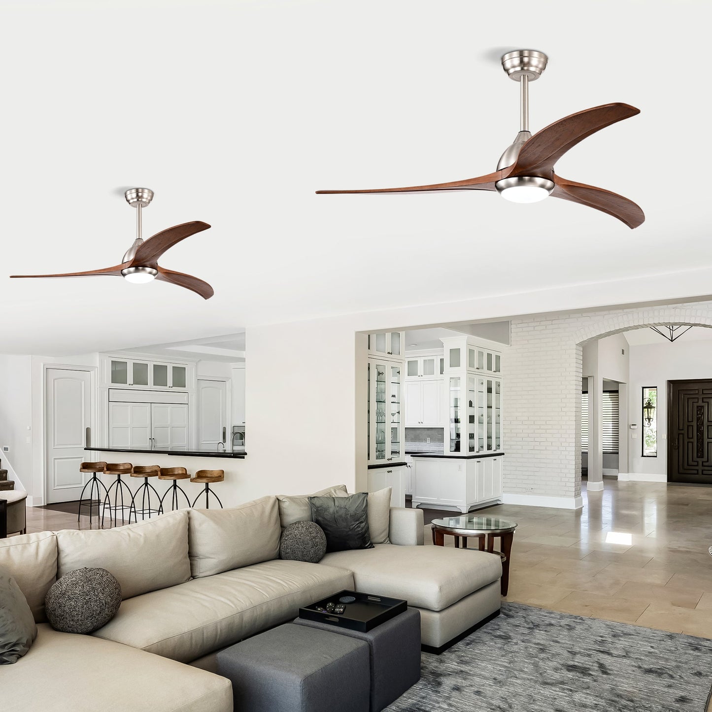 Two 52in solid wood blade ceiling fans with light and remote in a bright kitchen on Tampa Home & Garden Store