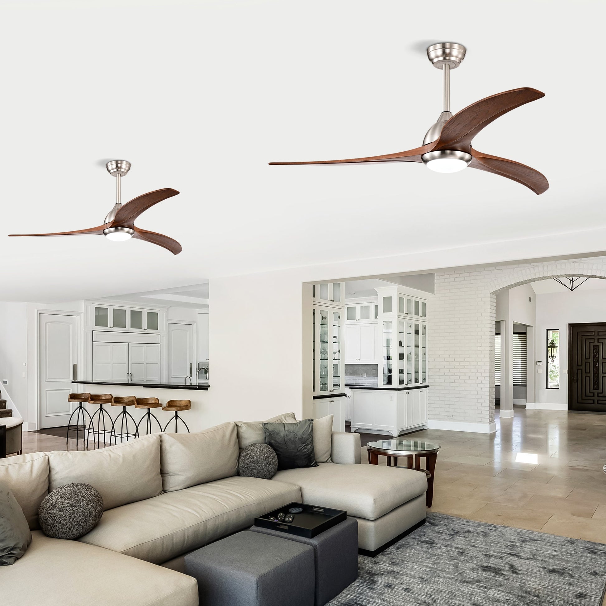 Two 52in solid wood blade ceiling fans with light and remote in a bright kitchen on Tampa Home & Garden Store