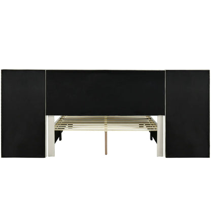 Upholstered Platform Bed With Big Headboard black headboard panels, white frame, slatted base on Tampa Home & Garden Store