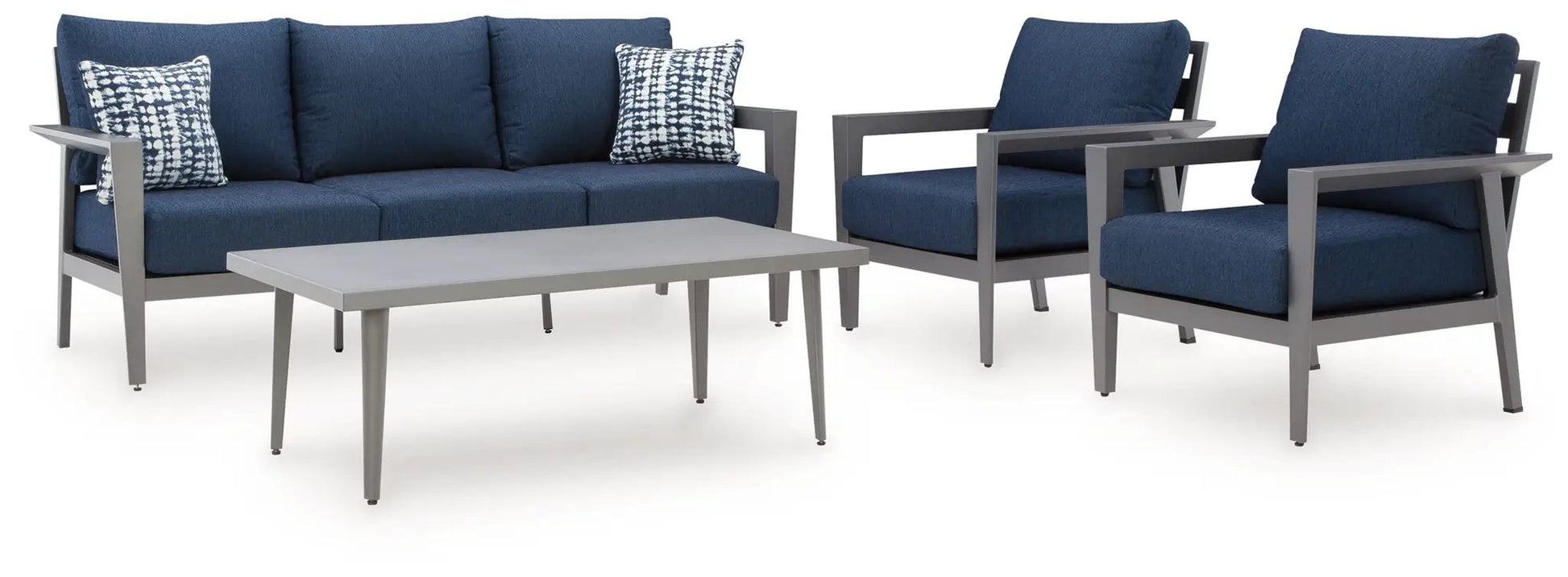 Gali 4-piece outdoor sofa set with gray frame and blue cushions on Tampa Home & Garden Store