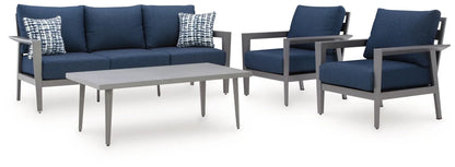 Gali 4-piece outdoor sofa set with gray frame and blue cushions on Tampa Home & Garden Store