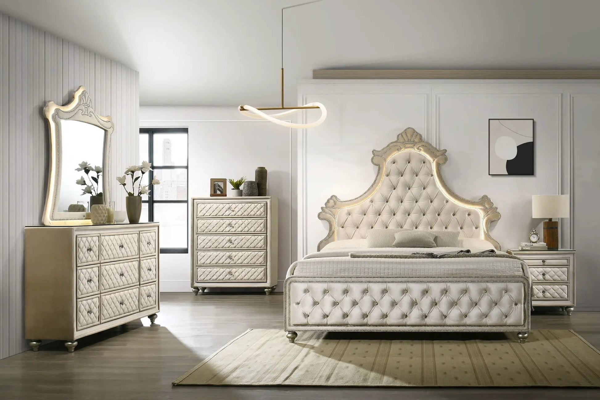 Lucienne bed with LED lighting; cream tufted headboard with ornate carving; two quilted dressers on Tampa Home & Garden Store