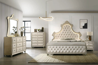 Lucienne bed with LED lighting; cream tufted headboard with ornate carving; two quilted dressers on Tampa Home & Garden Store