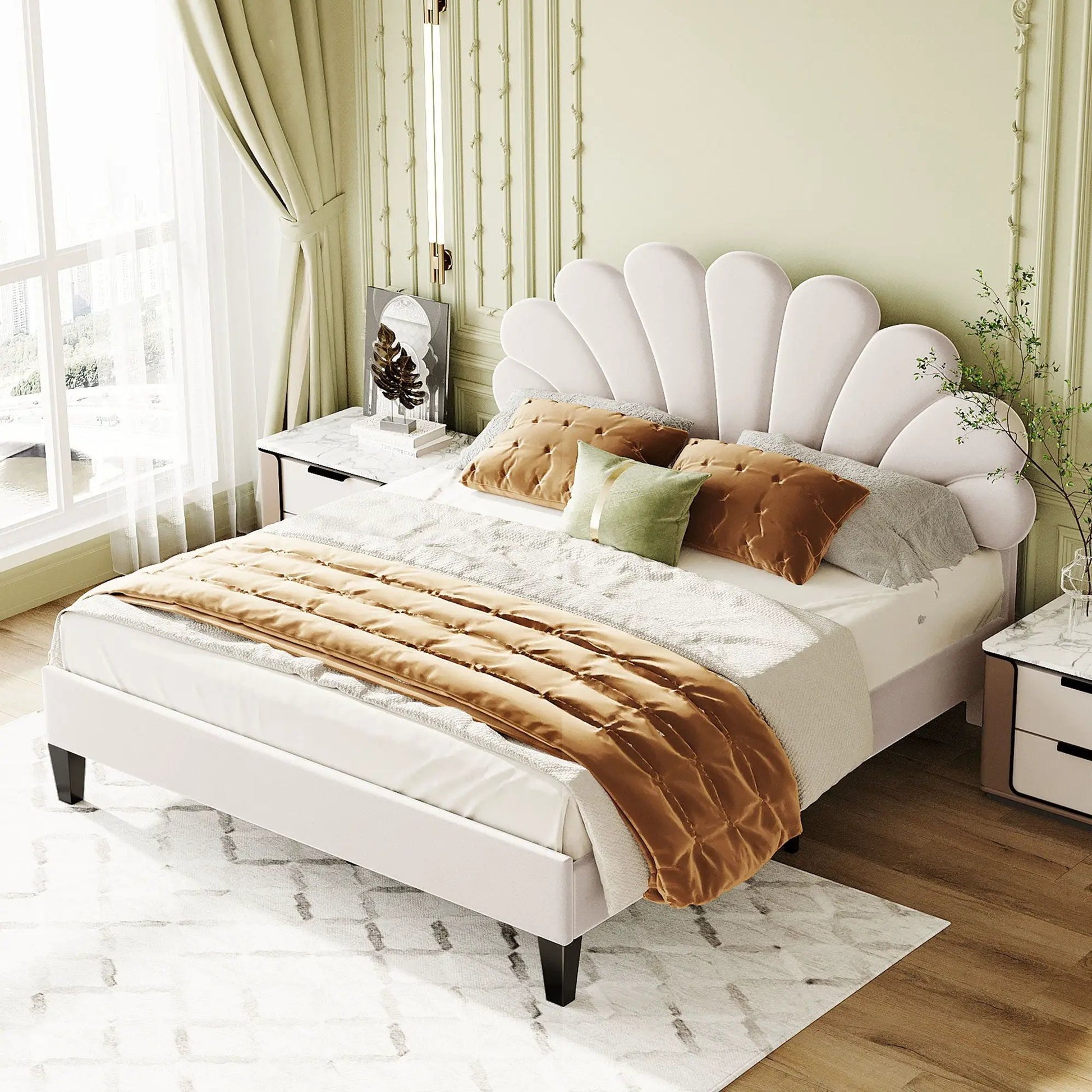 Upholstered platform bed with flower-pattern headboard, ivory frame, neutral bedding on Tampa Home & Garden Store