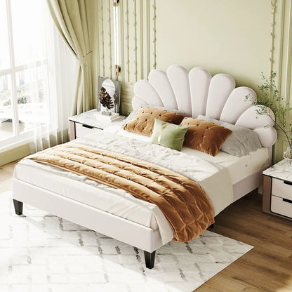 Upholstered platform bed with flower-pattern headboard, ivory frame, neutral bedding on Tampa Home & Garden Store