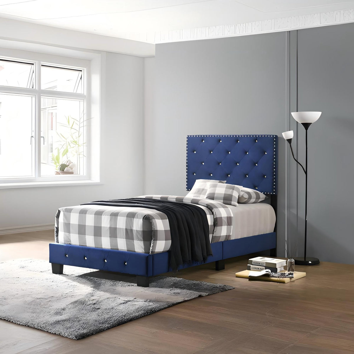 Luxurious Upholstered Bed by HouseOfZazla with blue tufted headboard and gray plaid bedding on Tampa Home & Garden Store