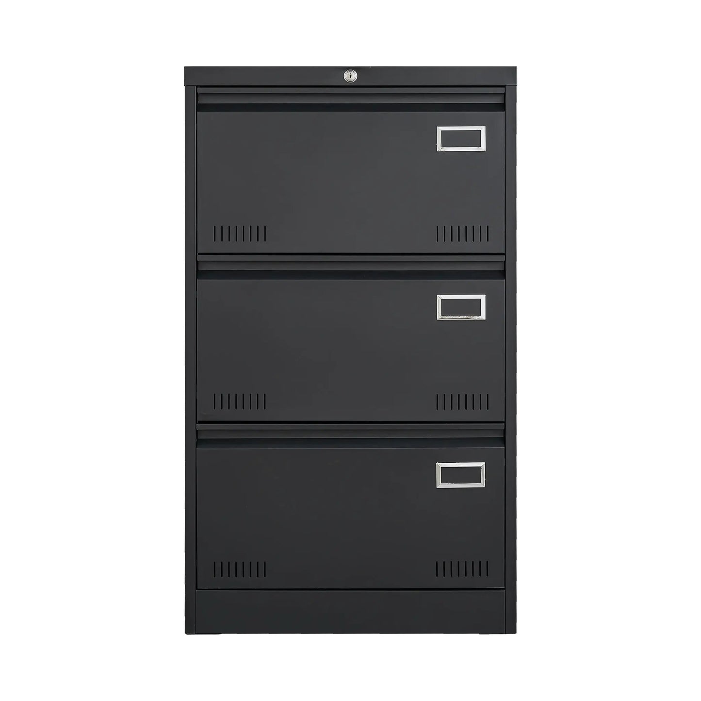 3-drawer locking filing cabinet in dark gray metal with lock and label holders on Tampa Home & Garden Store