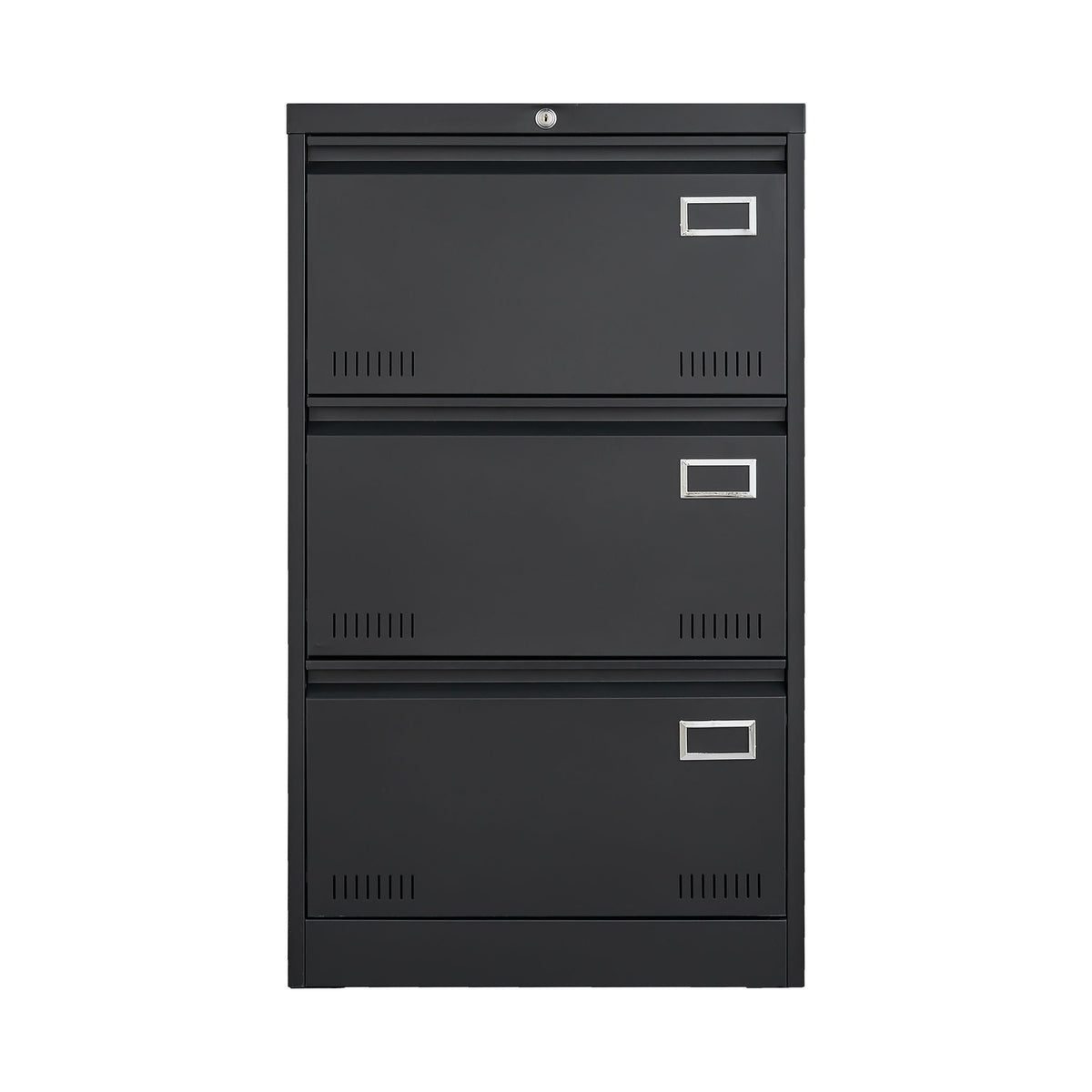 Locking metal filing cabinet, 3-drawer black unit with top lock and label holders on Tampa Home & Garden Store