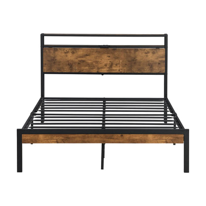 Platform bed frame with wooden headboard and footboard, black metal frame on Tampa Home & Garden Store