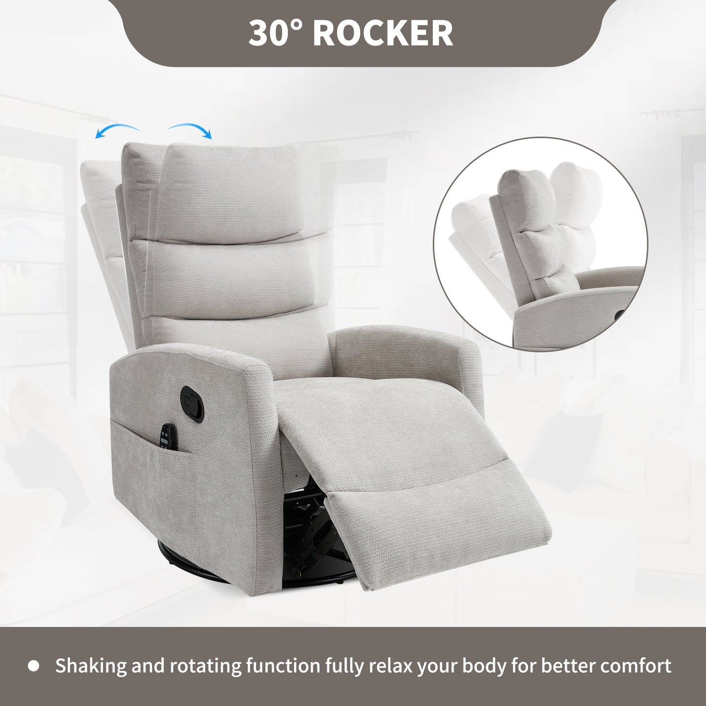 Heat Massage Manual Recliner Chair with Rocker and Swivel, light gray fabric by HouseOfZazla on Tampa Home & Garden Store