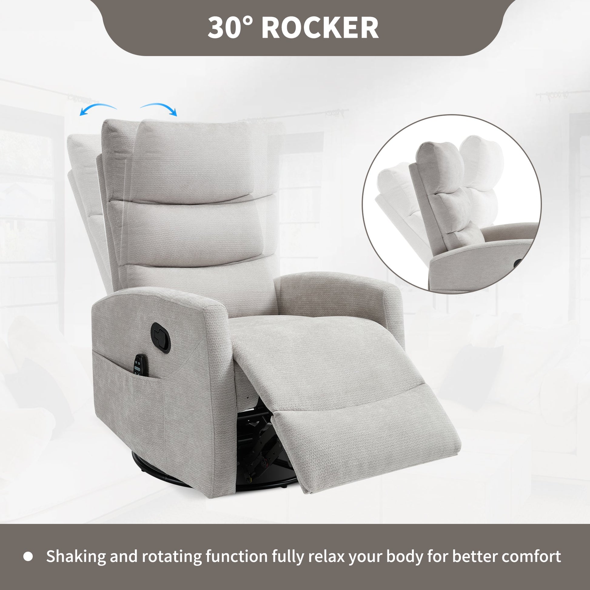 Heat Massage Manual Recliner Chair with Rocker and Swivel, light gray fabric by HouseOfZazla on Tampa Home & Garden Store