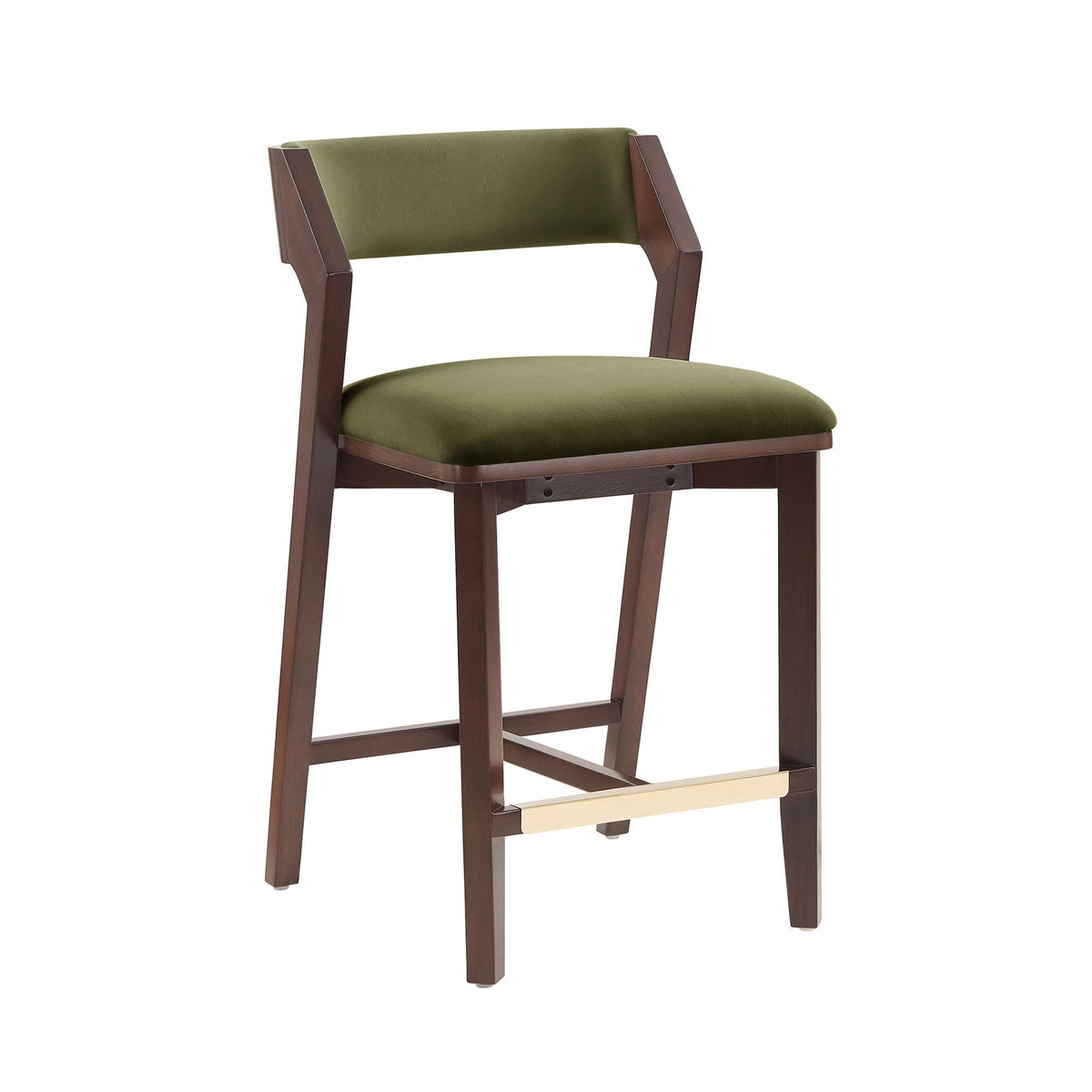 Patricia Counter Stool olive green upholstery with dark wood legs and brass footrest on Tampa Home & Garden Store
