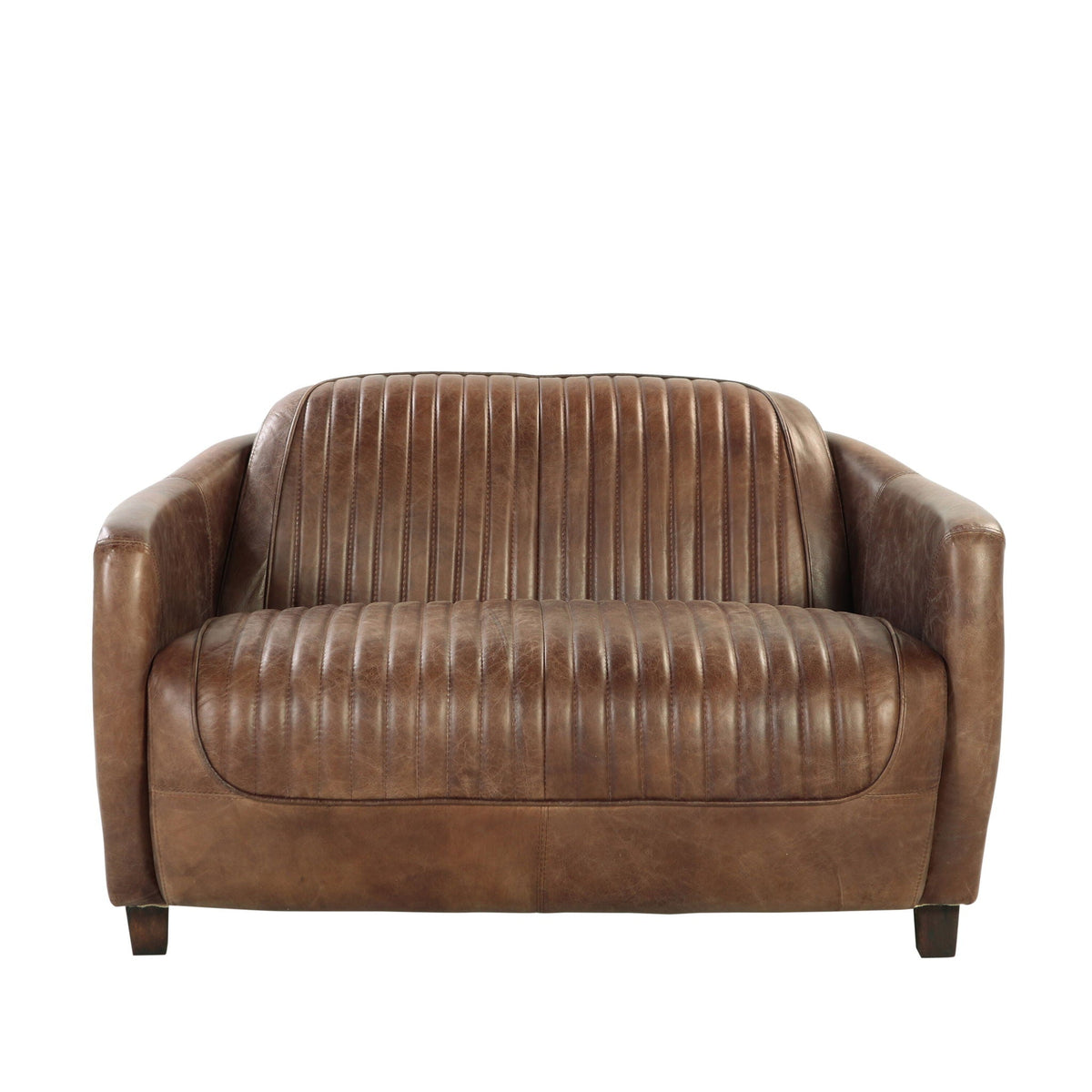 Grain leather stationary loveseat in brown with vertical channel stitching on Tampa Home & Garden Store