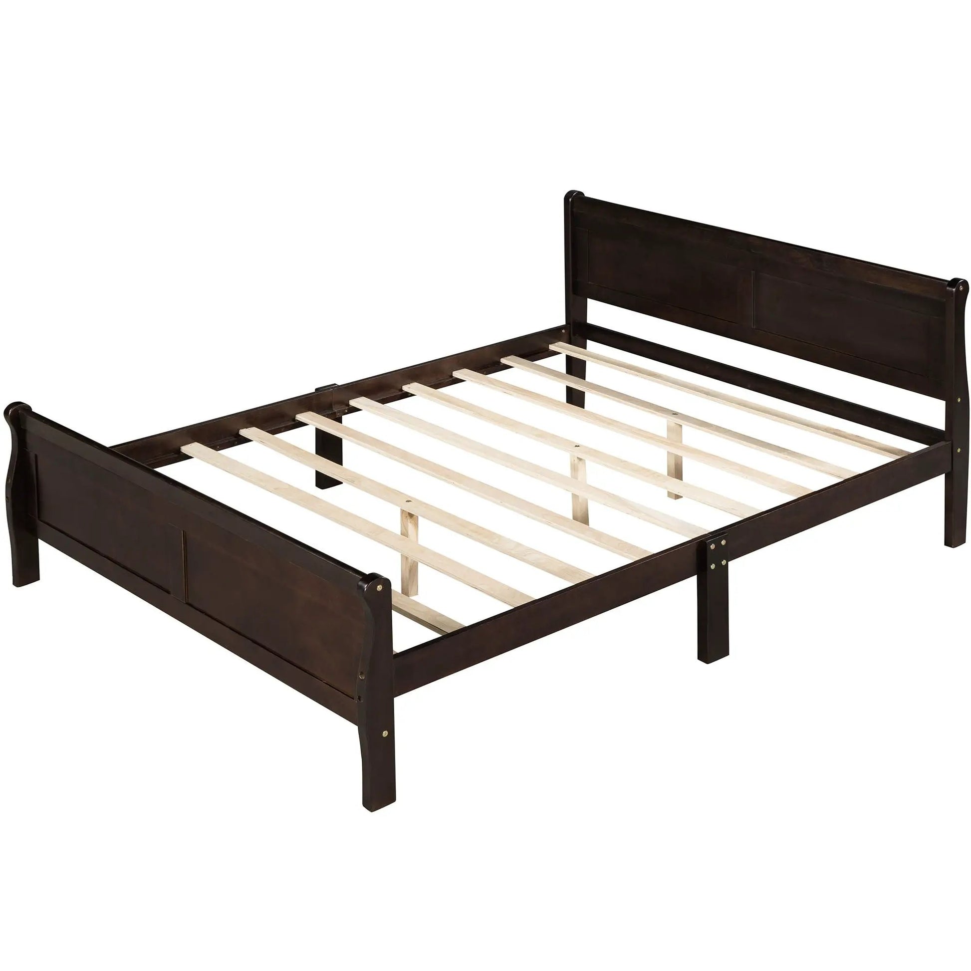 Platform bed frame dark wood sleigh bed with headboard and footboard and wood slat support on Tampa Home & Garden Store