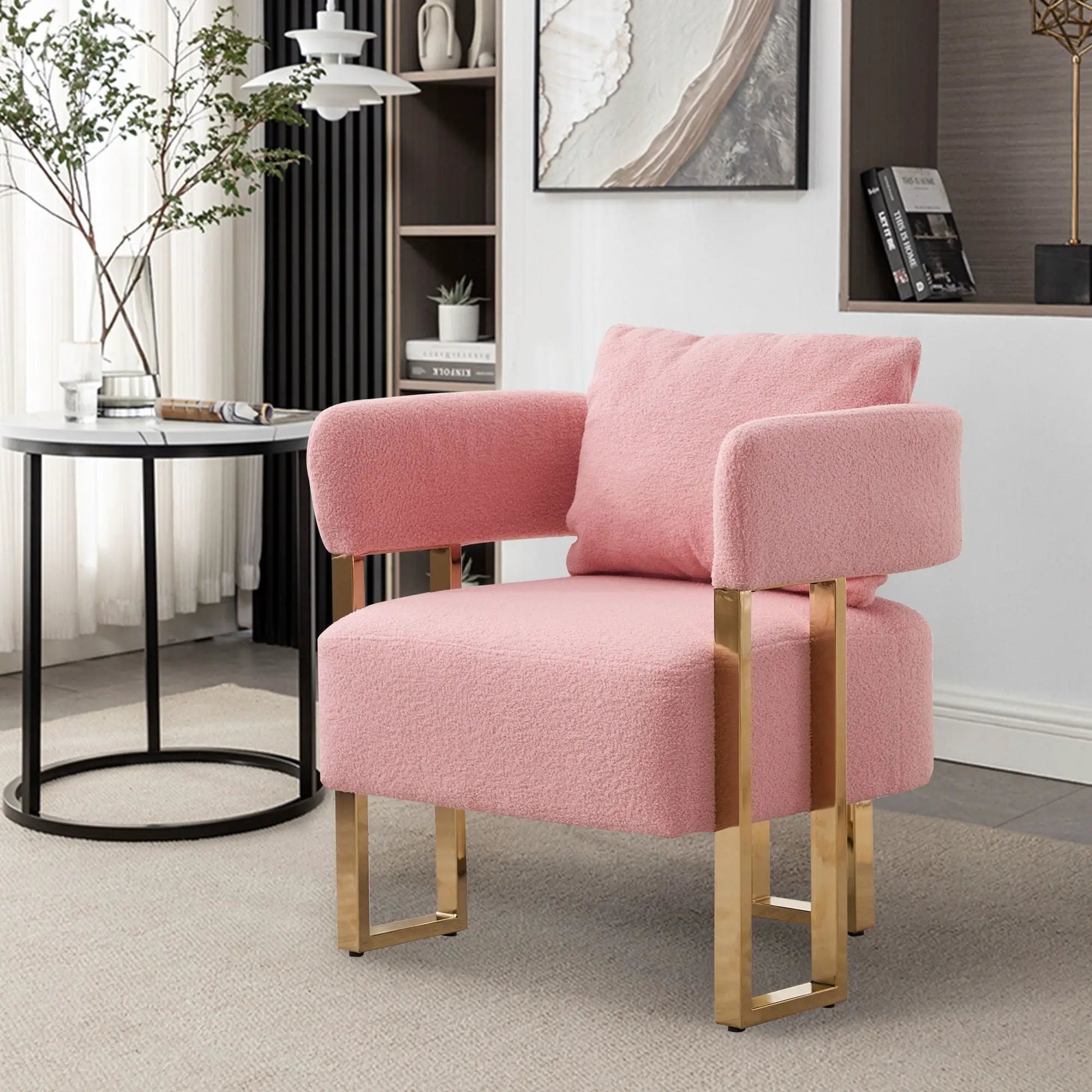 Modern decorative chair set pink teddy fleece upholstery with gold metal legs 2 chairs on Tampa Home & Garden Store