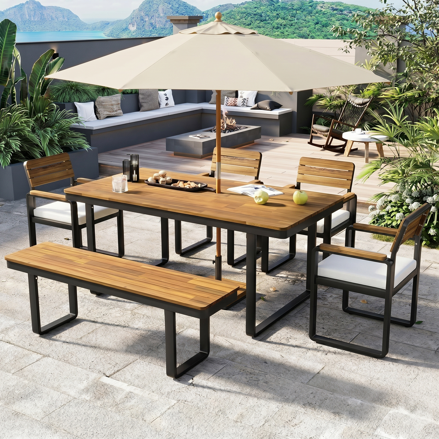 Acacia Wood Outdoor Dining Set and Bench Frame