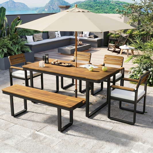 6-Piece outdoor dining set with acacia wood table and benches under a beige umbrella on Tampa Home & Garden Store