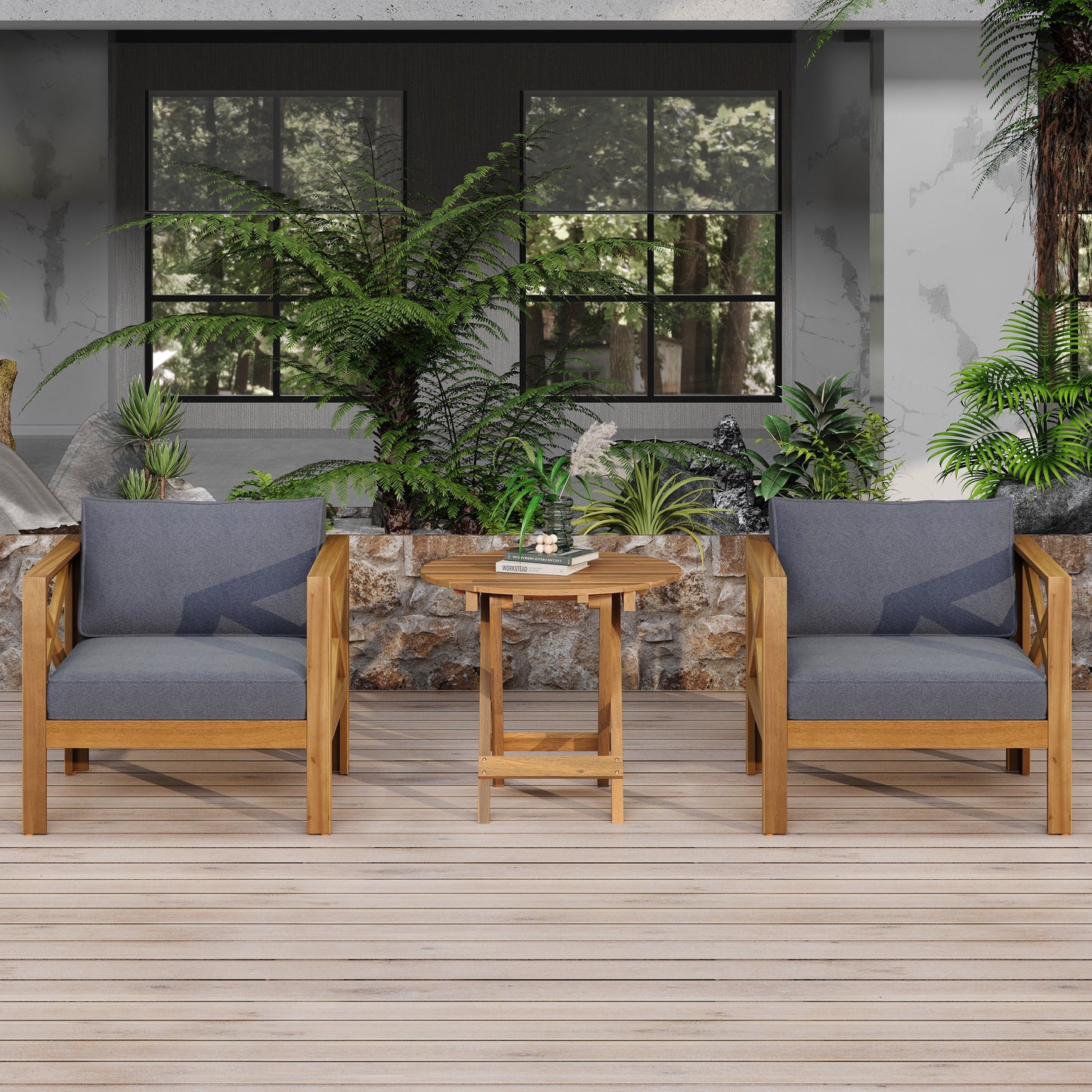 Patio Conversation Set with foldable acacia wood table and 2 cushioned armchairs in gray fabric on Tampa Home & Garden Store