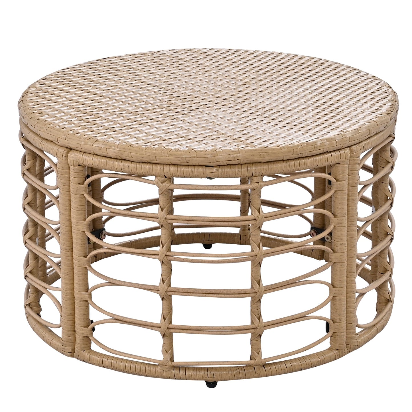 Round natural rattan outdoor coffee table with woven top and curved base supports on Tampa Home & Garden Store