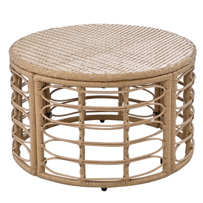 Round natural rattan outdoor coffee table with woven top and curved base supports on Tampa Home & Garden Store