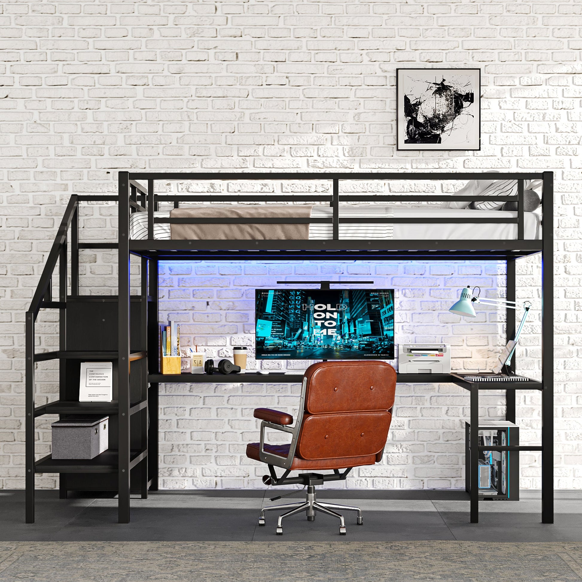 Full Size Loft Bed with L-Shaped Desk and USB by HouseOfZazla, black metal frame on Tampa Home & Garden Store