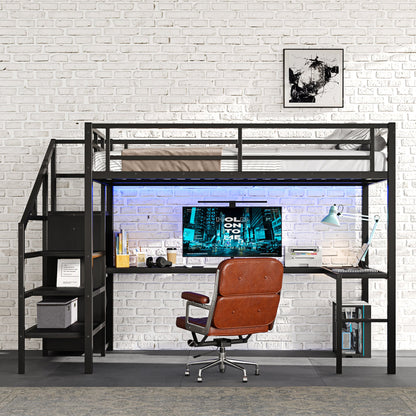 Full Size Loft Bed with L-Shaped Desk and USB by HouseOfZazla, black metal frame on Tampa Home & Garden Store