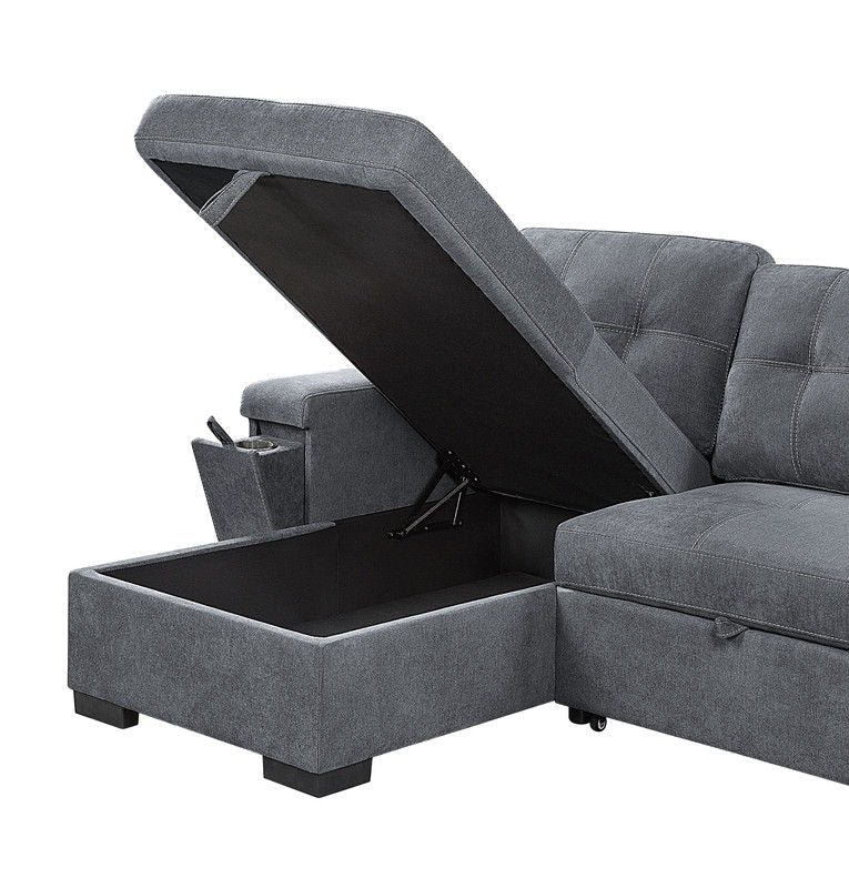 Toby woven fabric reversible sleeper sectional with gray storage chaise and lift-top ottoman on Tampa Home & Garden Store
