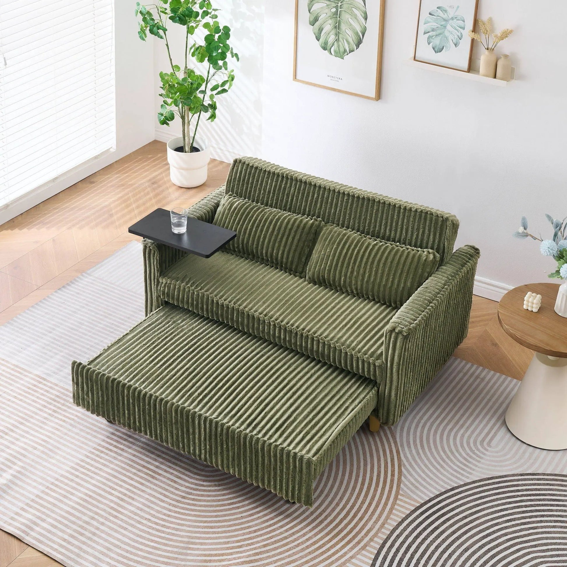 Pull Out Sofa with Movable Tabletop and USB Ports in olive corduroy by Unique Piece Furniture on Tampa Home & Garden Store