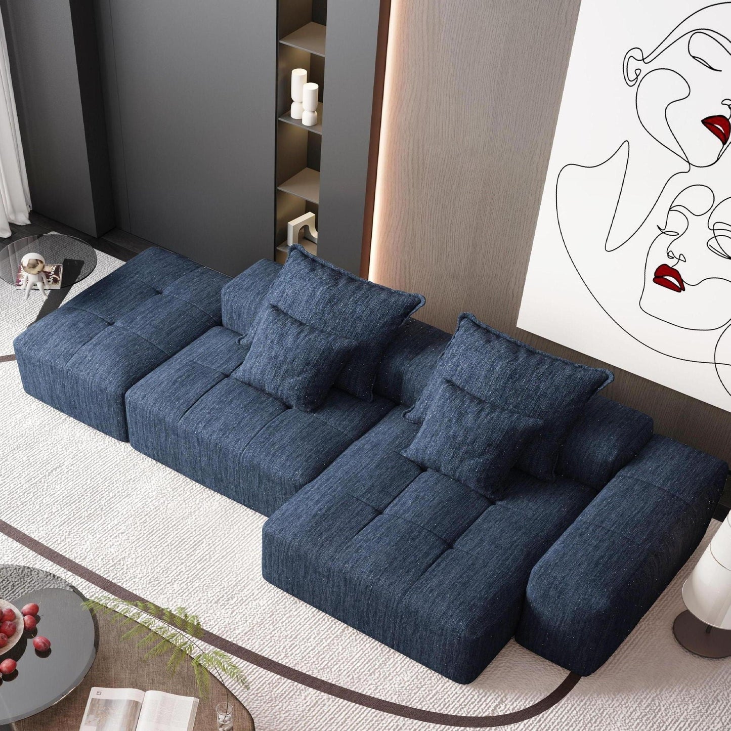 Modern oversized DIY modular sectional sofa with pillows in navy fabric by HouseOfZazla on Tampa Home & Garden Store