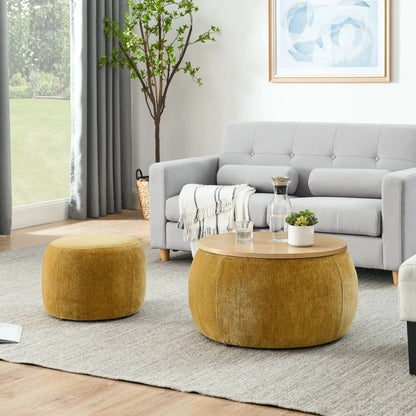 Pair of round storage ottomans in warm tan fabric, 2-in-1 end table and ottoman, in living room on Tampa Home & Garden Store