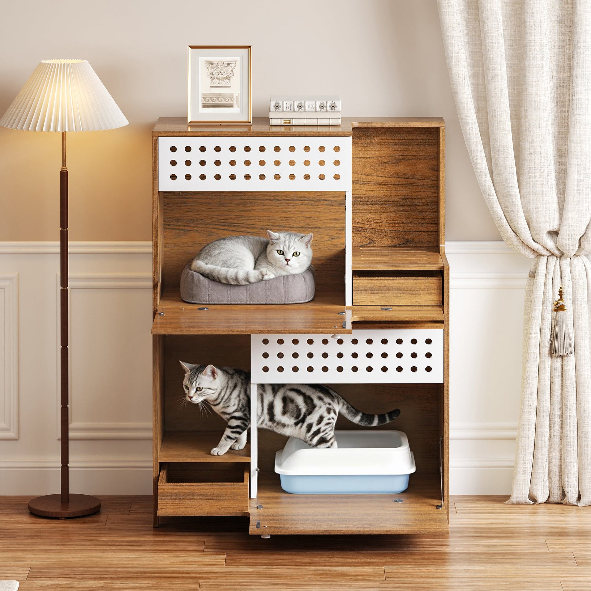Modern 2in1 Cat Furniture litter box enclosure side table with wood and white panels 2 cats on Tampa Home & Garden Store