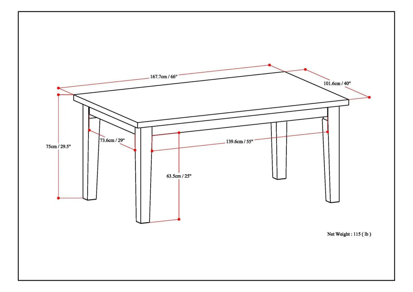 Eastwood Handcrafted Dining Table line drawing with dimensions by Unique Piece Furniture on Tampa Home & Garden Store