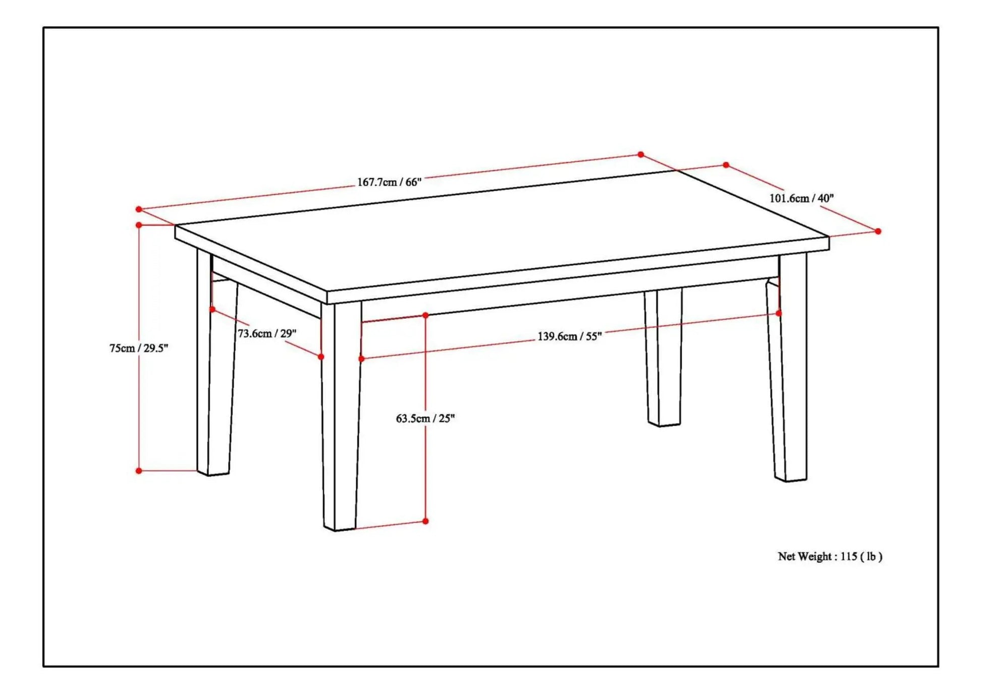 Eastwood Handcrafted Dining Table line drawing with dimensions by Unique Piece Furniture on Tampa Home & Garden Store
