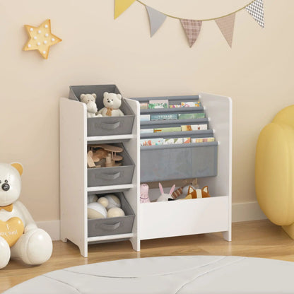 Bookshelf and Toy Storage Organizer, 4-tier white unit with 3 grey fabric drawers on Tampa Home & Garden Store