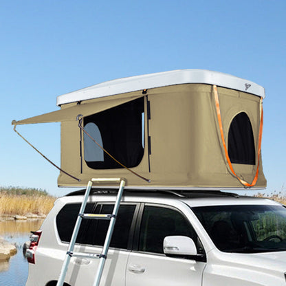 Self-driving tour camping hard shell roof tent in beige on SUV with ladder, orange ties on Tampa Home & Garden Store